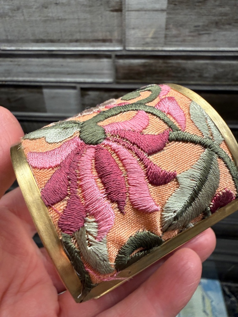 Embroidered Floral Cuff Embroidery fabric over metal Bracelet mauve green NEW